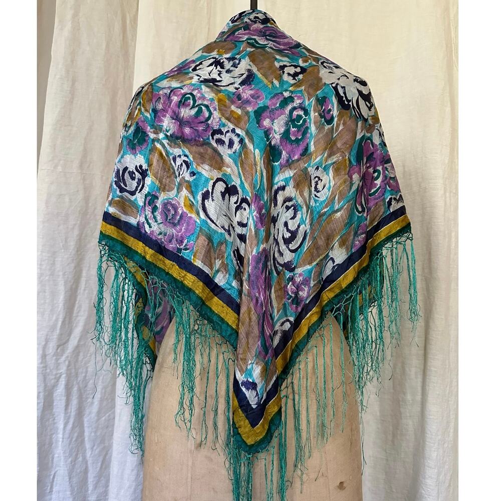 Vintage Silk Scarf Fringes turquoise purple shawl boho floral 45” square